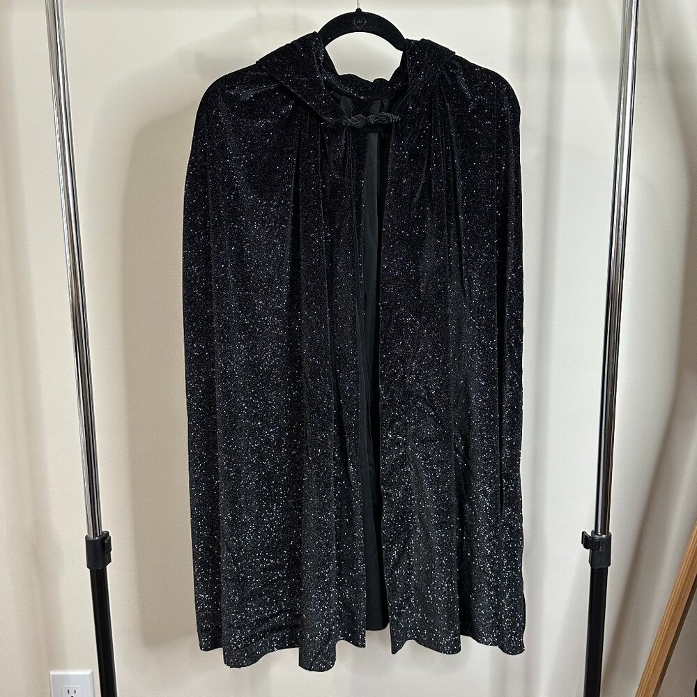 Handmade Black Hooded Cape with Silver Sparkles | Halloween Costume